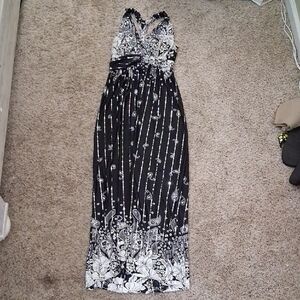 Elegant Black and White Floral Maxi Dress With Silver Sequins
